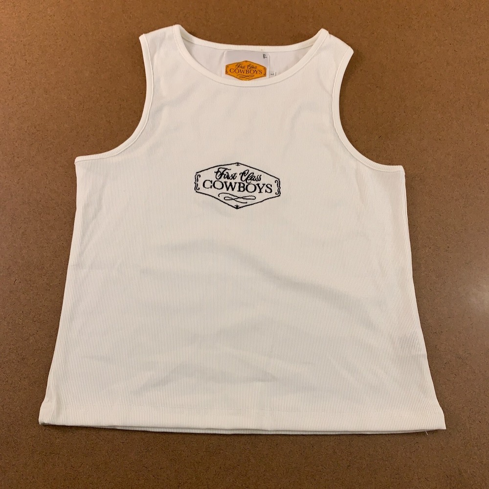 First Class Cowboys Womens Large White Rib Knit Black Embroidered Tank Top